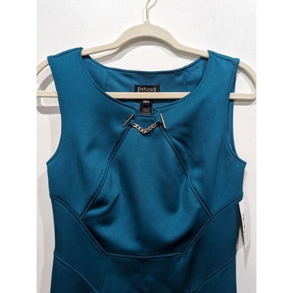 New! EnFocus Studio Dark Teal Blue Green Sleeveless Gold Chain Sheath Dress, 8 - Picture 2 of 7